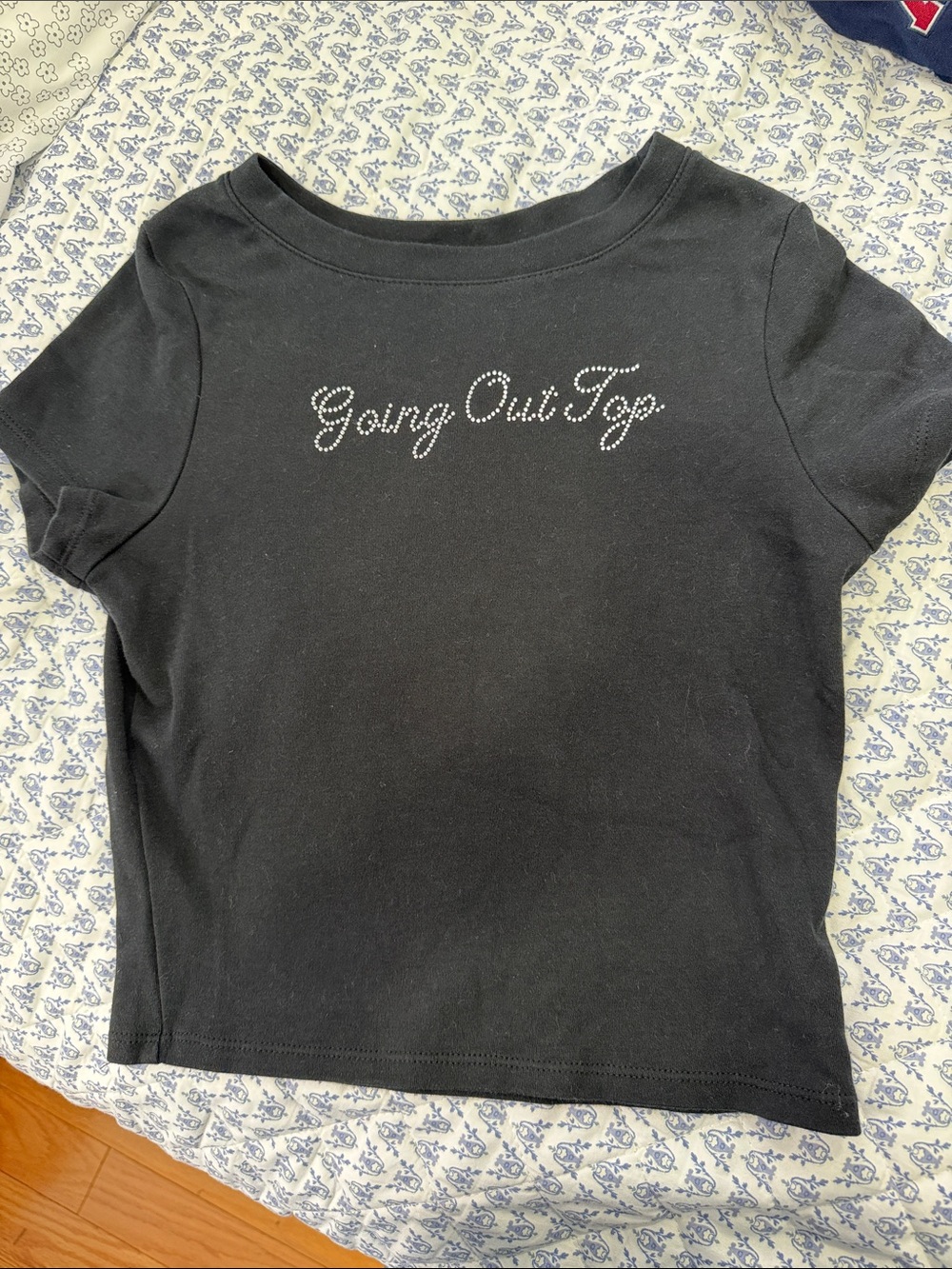 PacSun Black Rhinestone "Going Out Top" Short Sleeve Tee